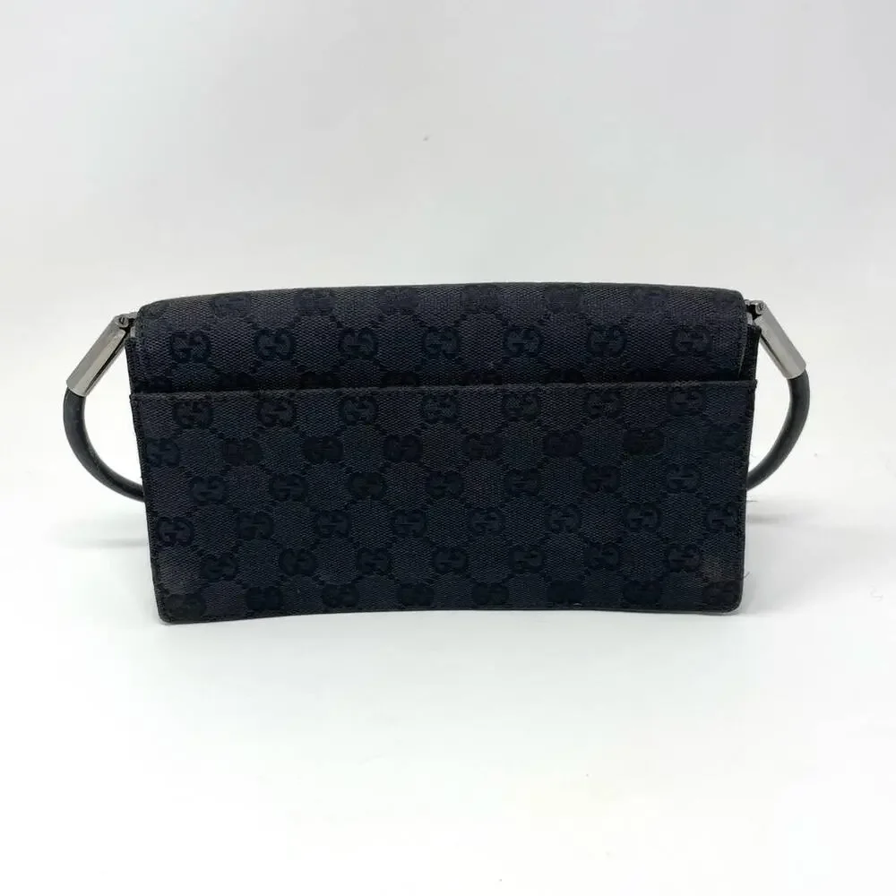 Gucci Vintage Monogram GG Flap Shoulder Bag Baguette Canvas Leather Black Silver - Picture 4 of 17